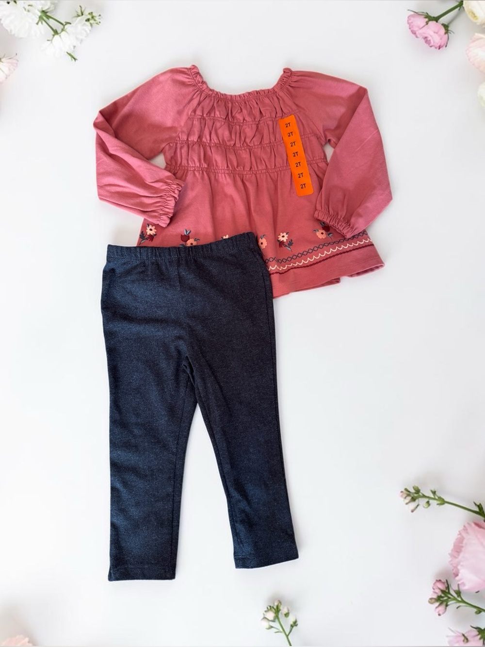NWOT Girls Pink Smocked Floral Top with Dark Navy Leggings